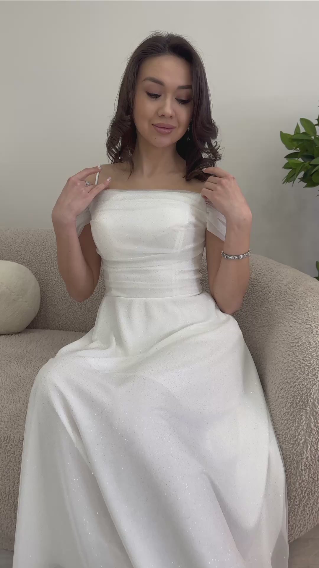 Women's White Midi Flared Strap Off-Shoulder Evening Gown