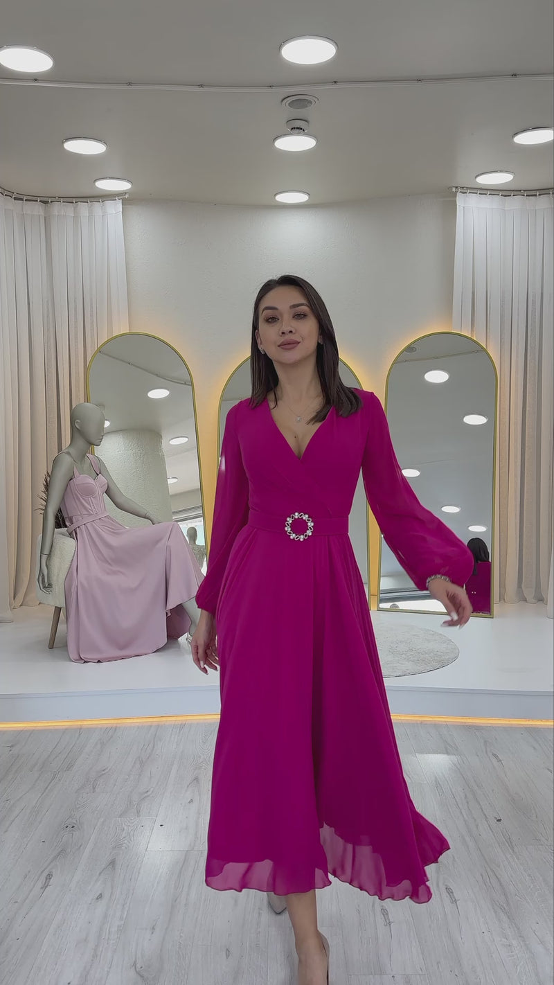 Fuchsia Midi Chiffon Evening Dress