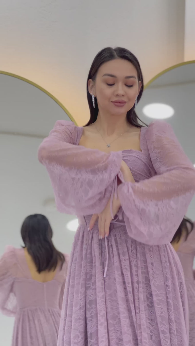 Women's Powder Pink Lace Kumaş Corset Detaillı Long Slit Evening Gown