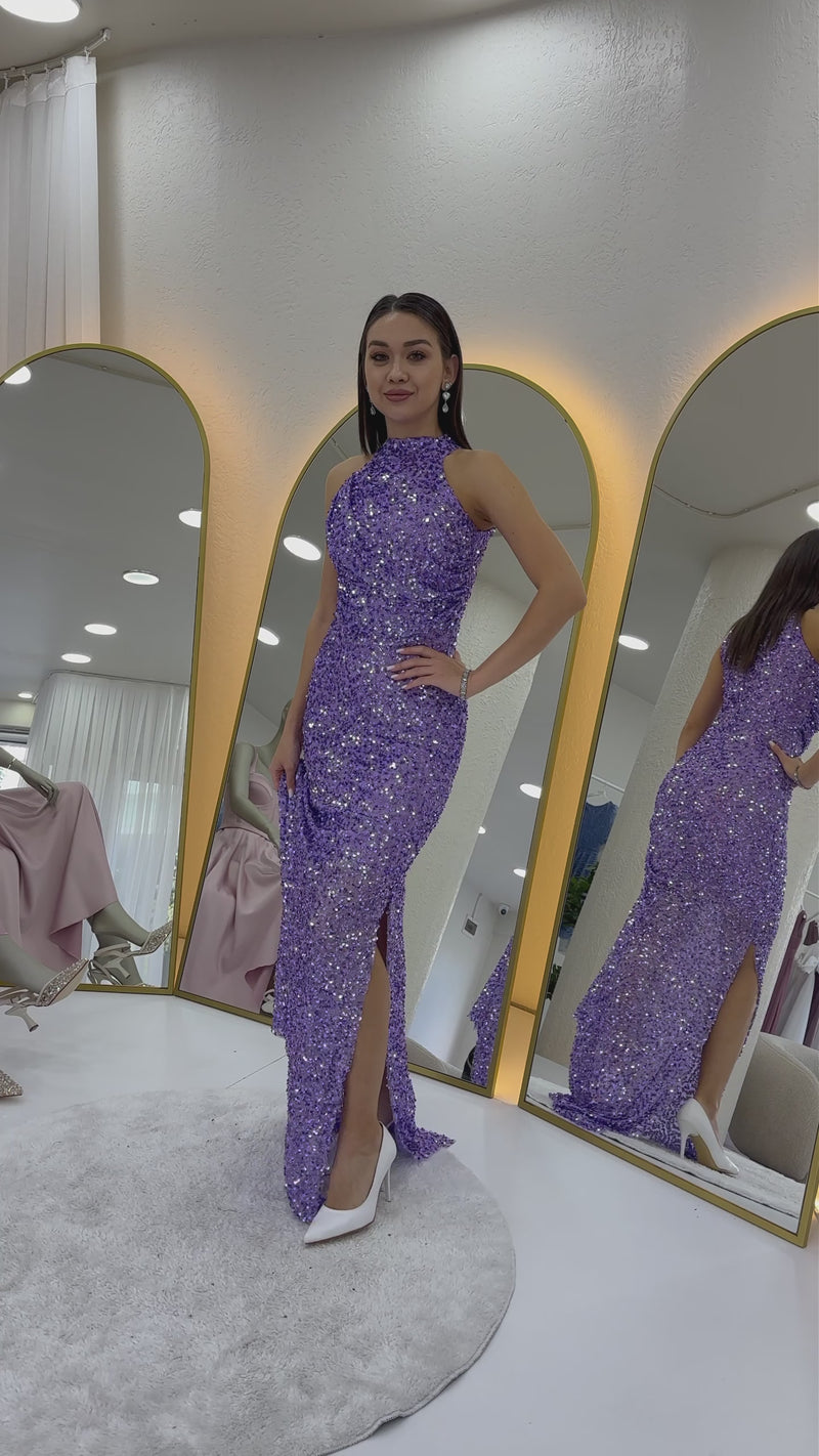 Women's Lilac Halter Neck Sequin Train Evening Gown