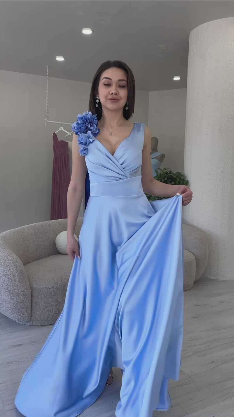 Women's Baby Bluesi Wrap Neck Satin Evening Gown