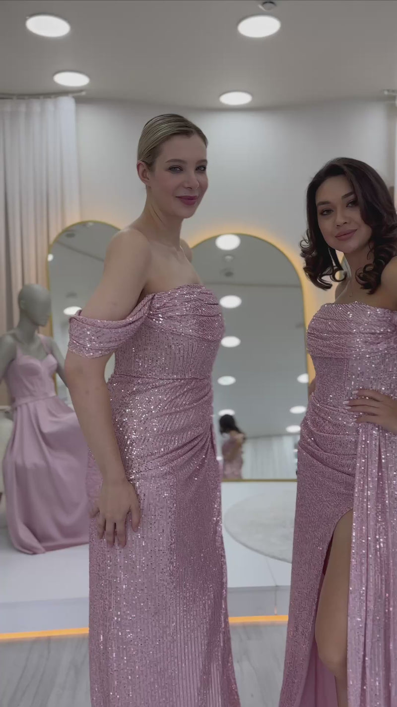 Women's Off-Shoulder Powder Pink Sequin Slit Evening Gown