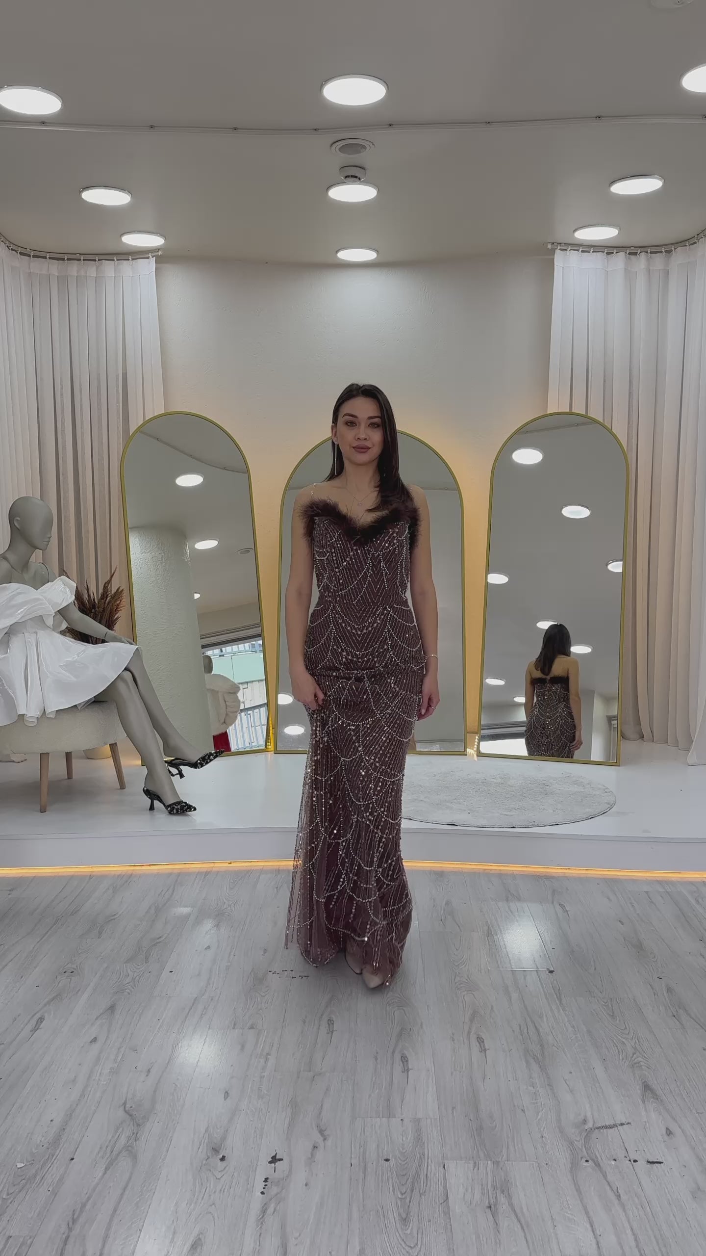 Women's Brown Strapless Embellished Feather Trim Evening Gown