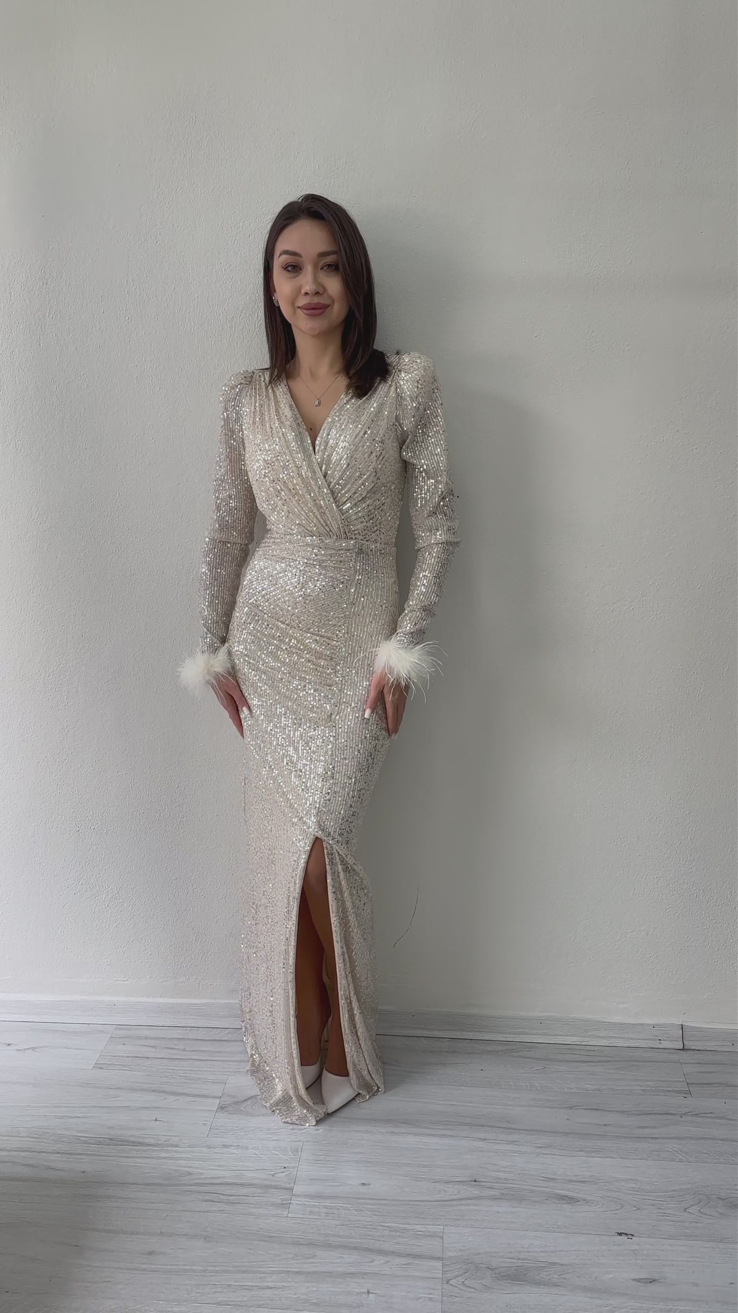 Women's Beige Wrap Neck Sequin Long Plus Size Evening Gown