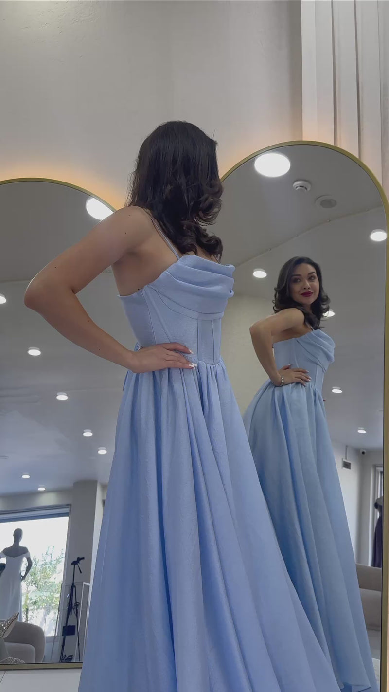 Women's Baby Blue Sırt Dekolteli Corset Detail Slit Evening Gown