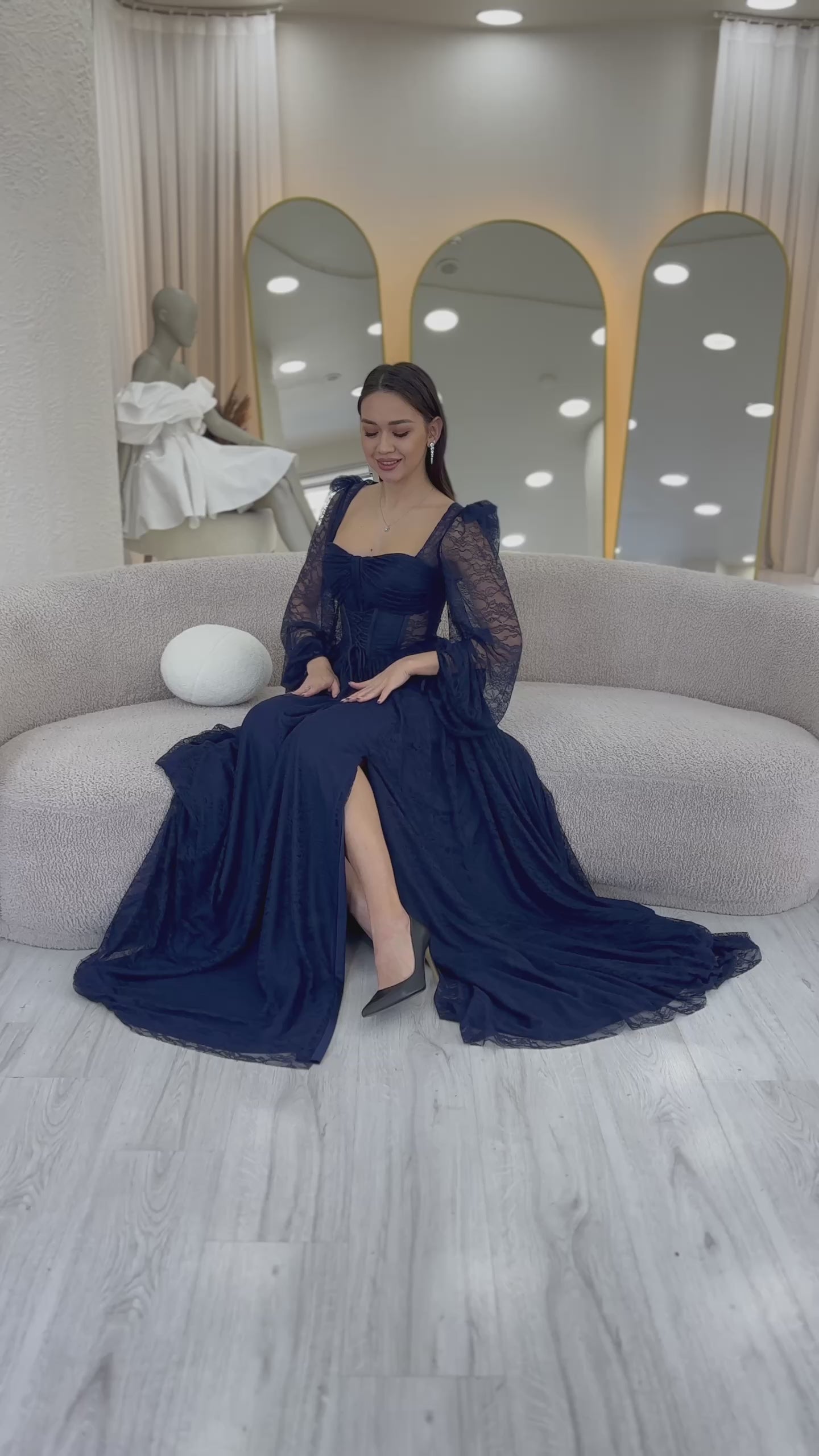 Women's Navy Blue Lace Kumaş Corset Detaillı Long Slit Evening Gown