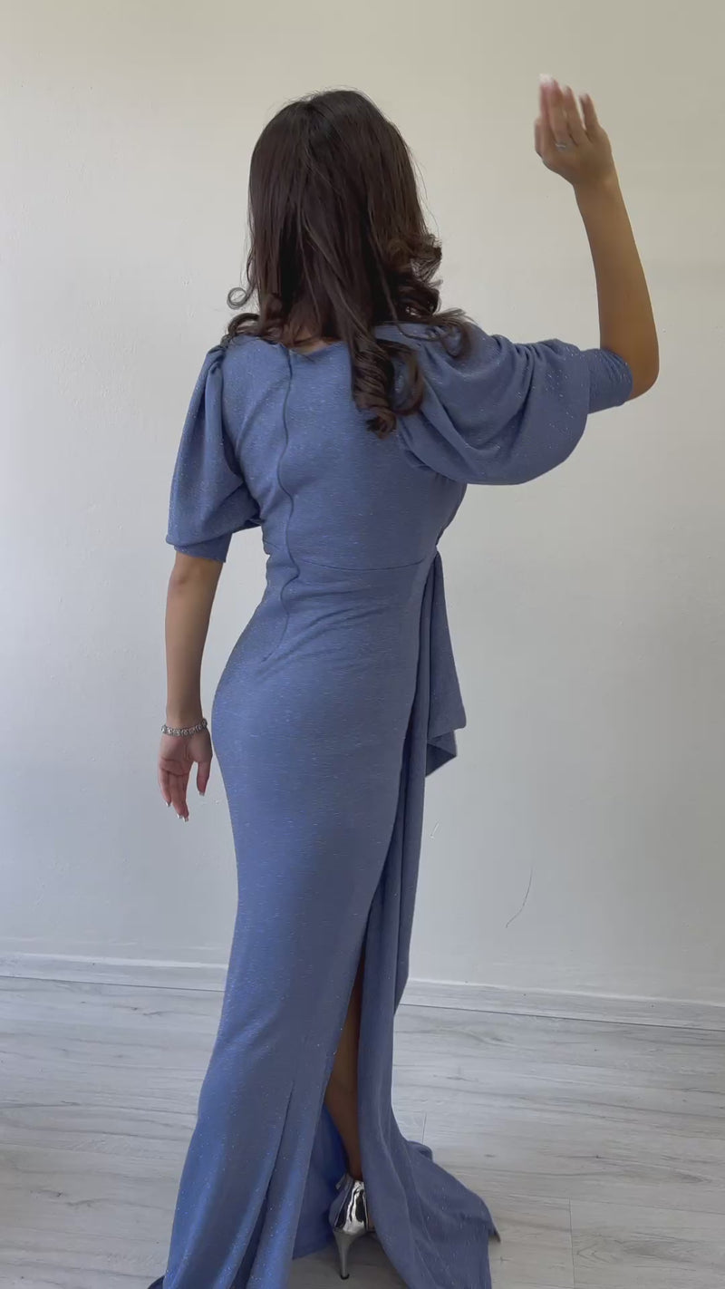 Women's Indigo Balloon Sleeve Glitter Drapedd Ruffle Detail Mermaid Evening Gown