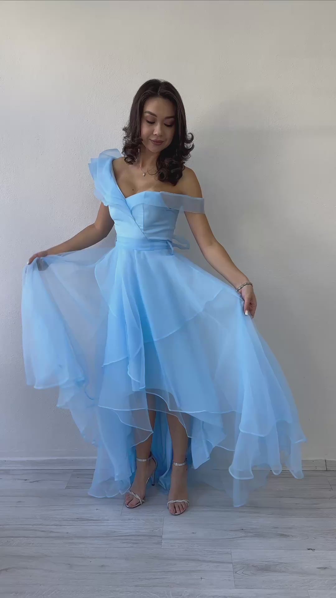 Women's Baby Blue Off-Shoulder Asymmetric Skirt Tulle Evening Gown