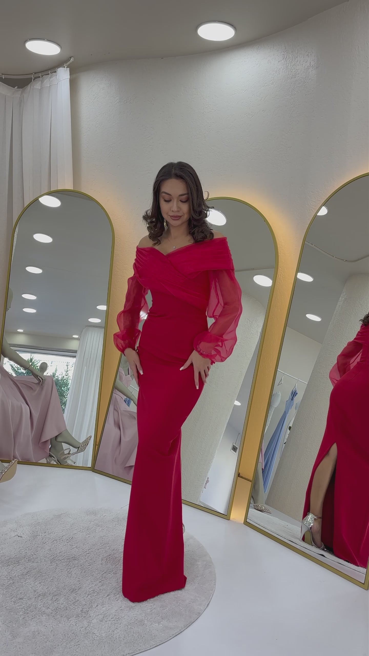 Women's Red Chiffon Sleeve Detaillı Off-Shoulder Mermaid Evening Gown