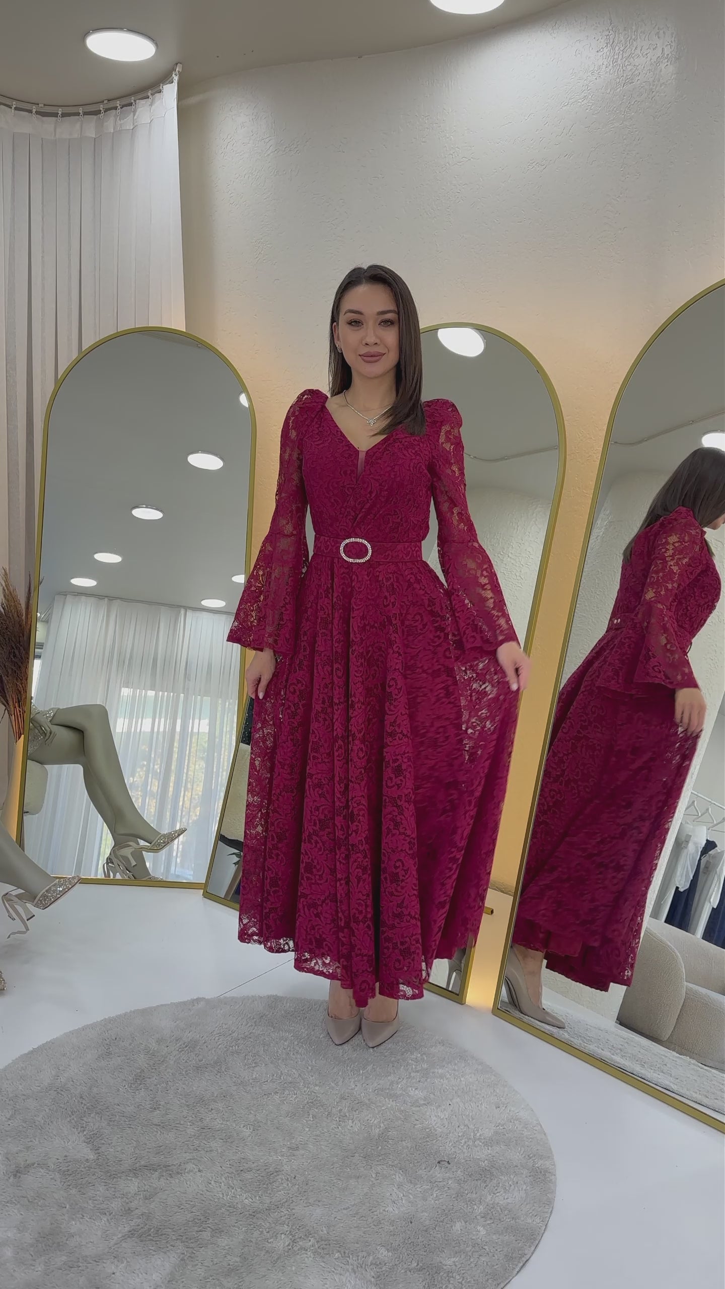 Women's Burgundy Wrap Neck Belt Detaillı Laceli Long Sleeve Midi Dress