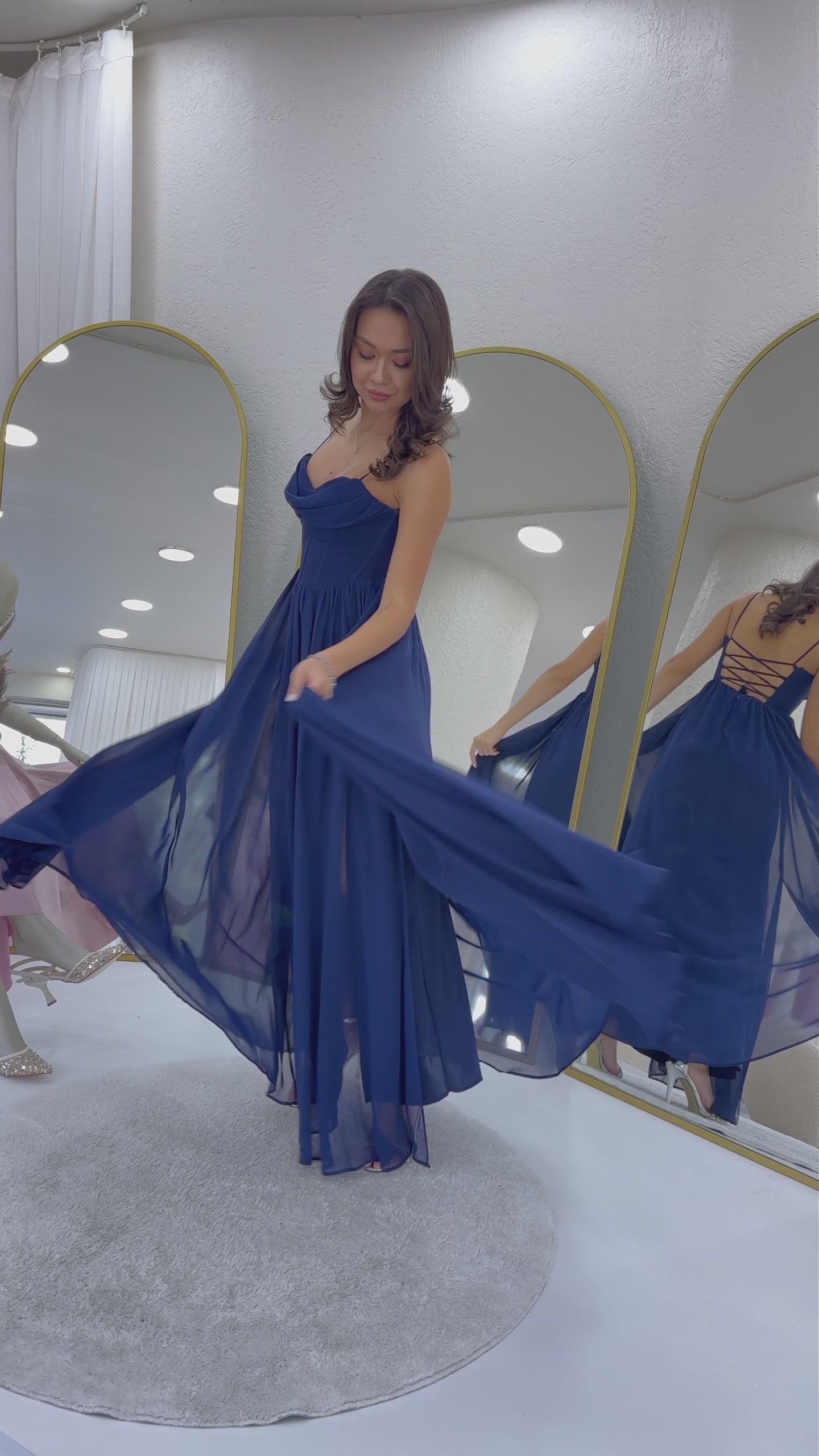 Women's Navy Blue Sırt Dekolteli Corset Detail Slit Chiffon Evening Gown