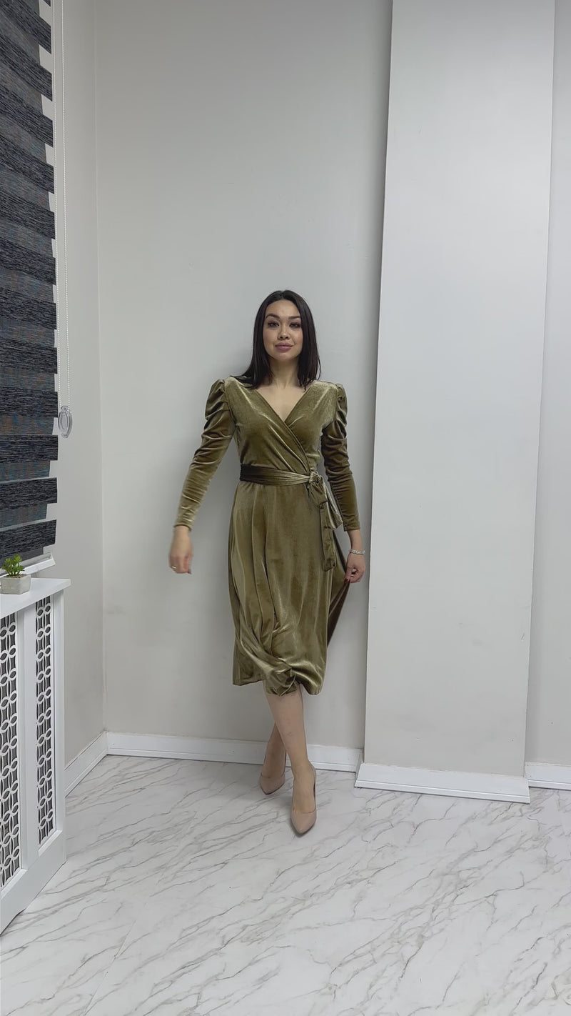 Beige Midi Length Velvet Dress