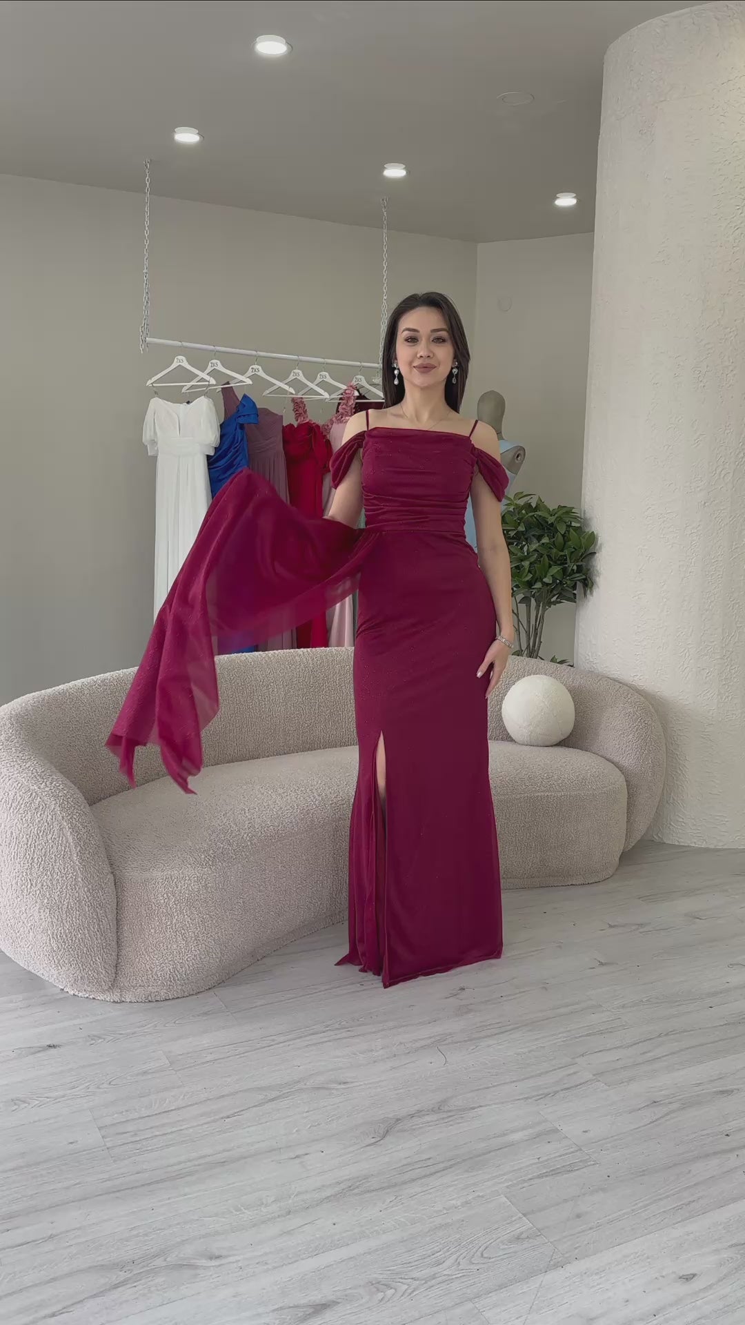 Women's Burgundy Strap Off-Shoulder Slash Detail Evening Gown
