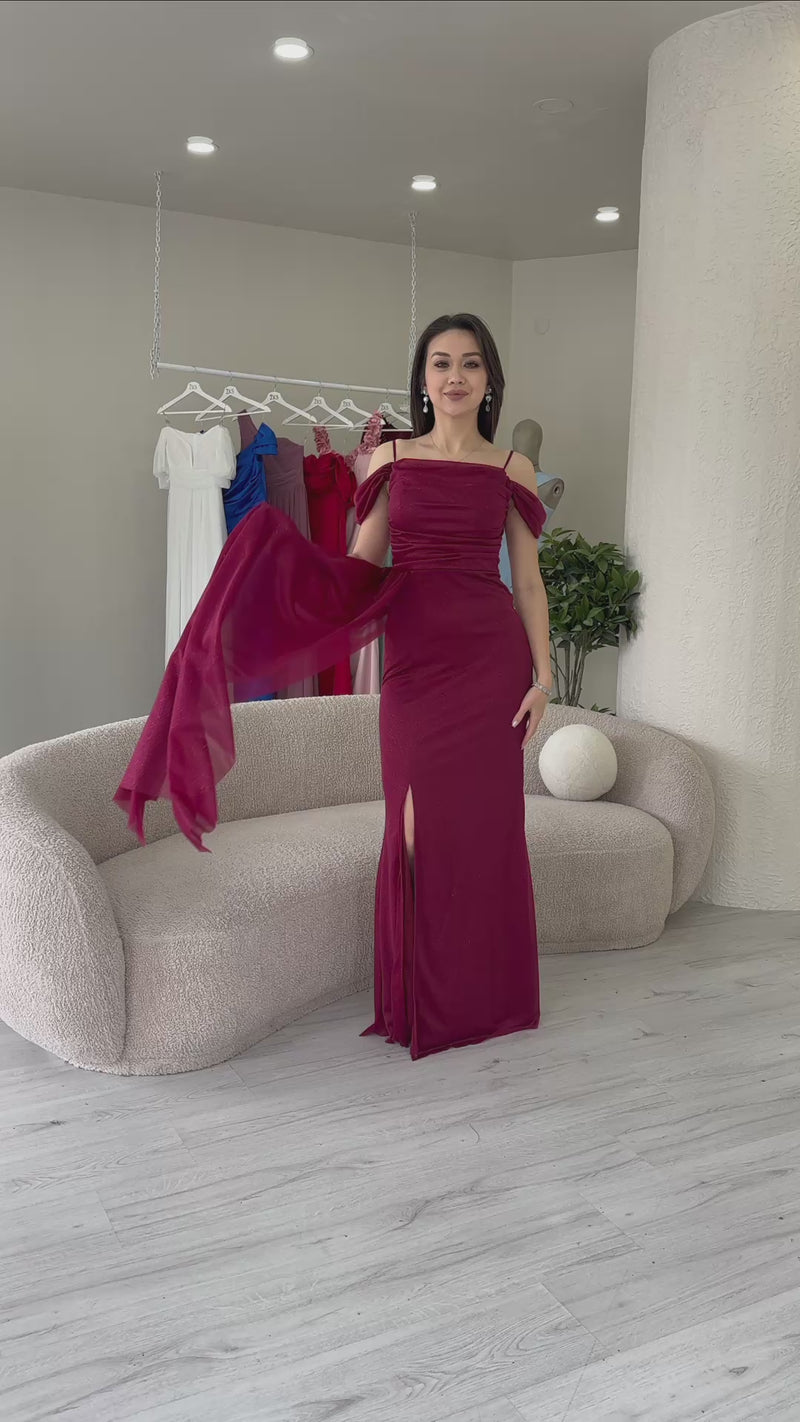 Women's Burgundy Strap Off-Shoulder Slash Detail Evening Gown