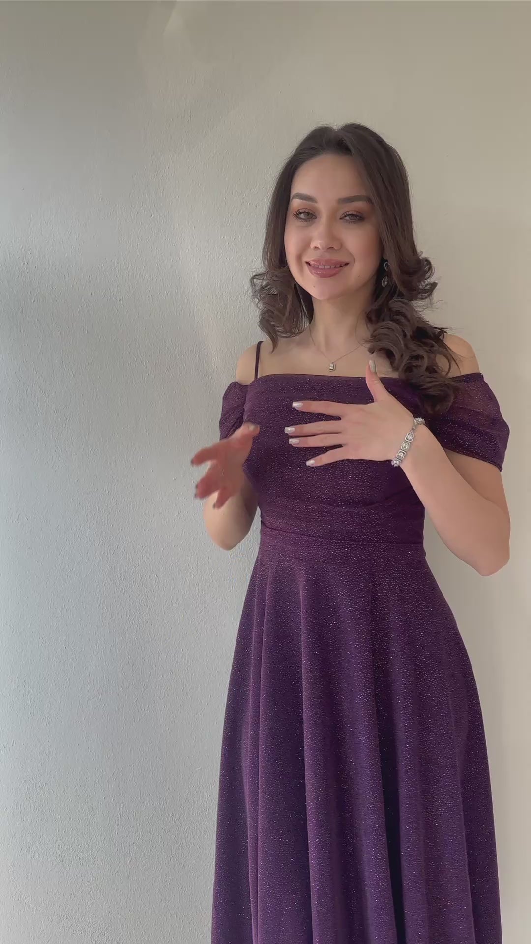 Women's Purple Midi Flared Strap Off-Shoulder Evening Gown