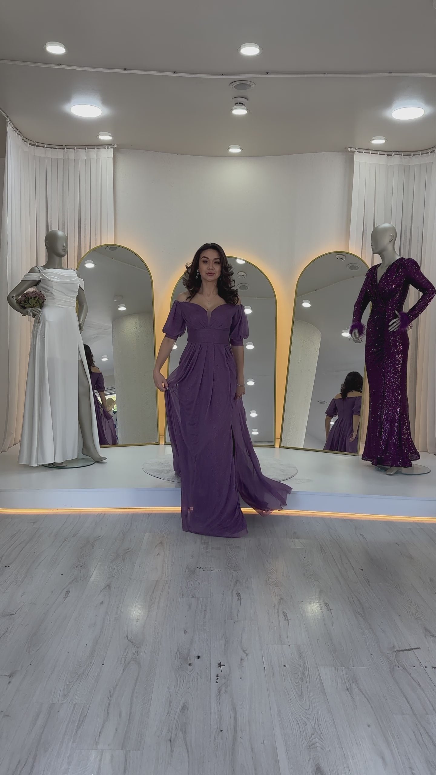 Women's Lilac Short Sleeve Drapedd Evening Gown