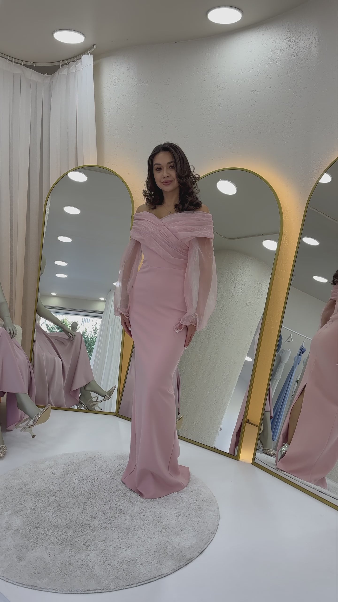 Women's Powder Pink Chiffon Sleeve Detaillı Off-Shoulder Mermaid Evening Gown