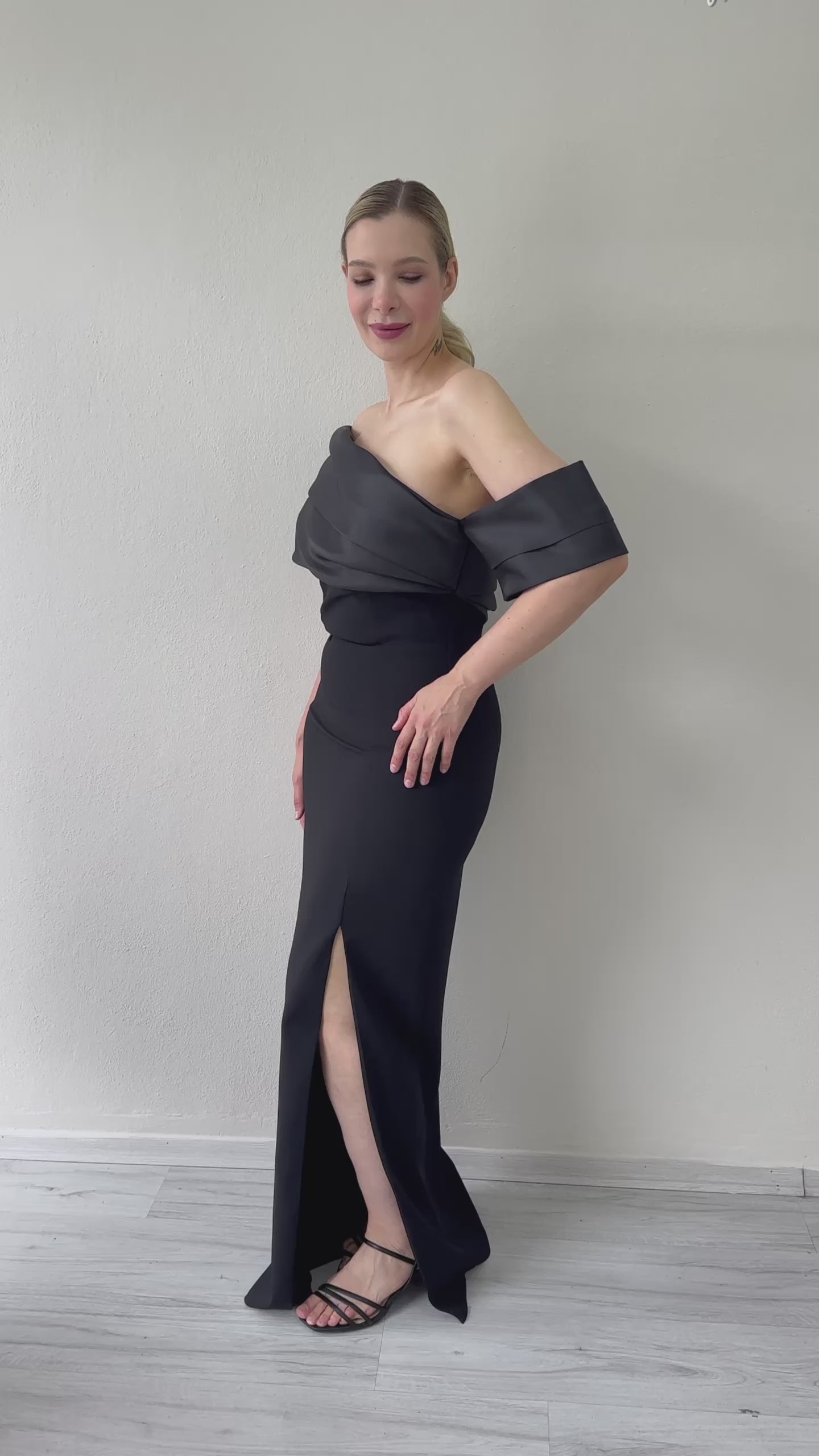 Women's Black Drapedd Collar Drop Shoulder Slit Long Evening Gown