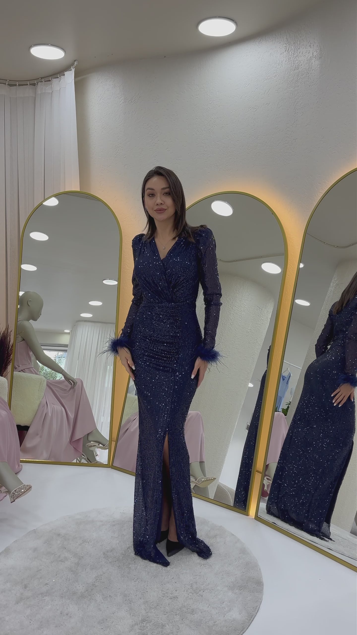 Women's Navy Blue Wrap Neck Sequin Long Plus Size Evening Gown