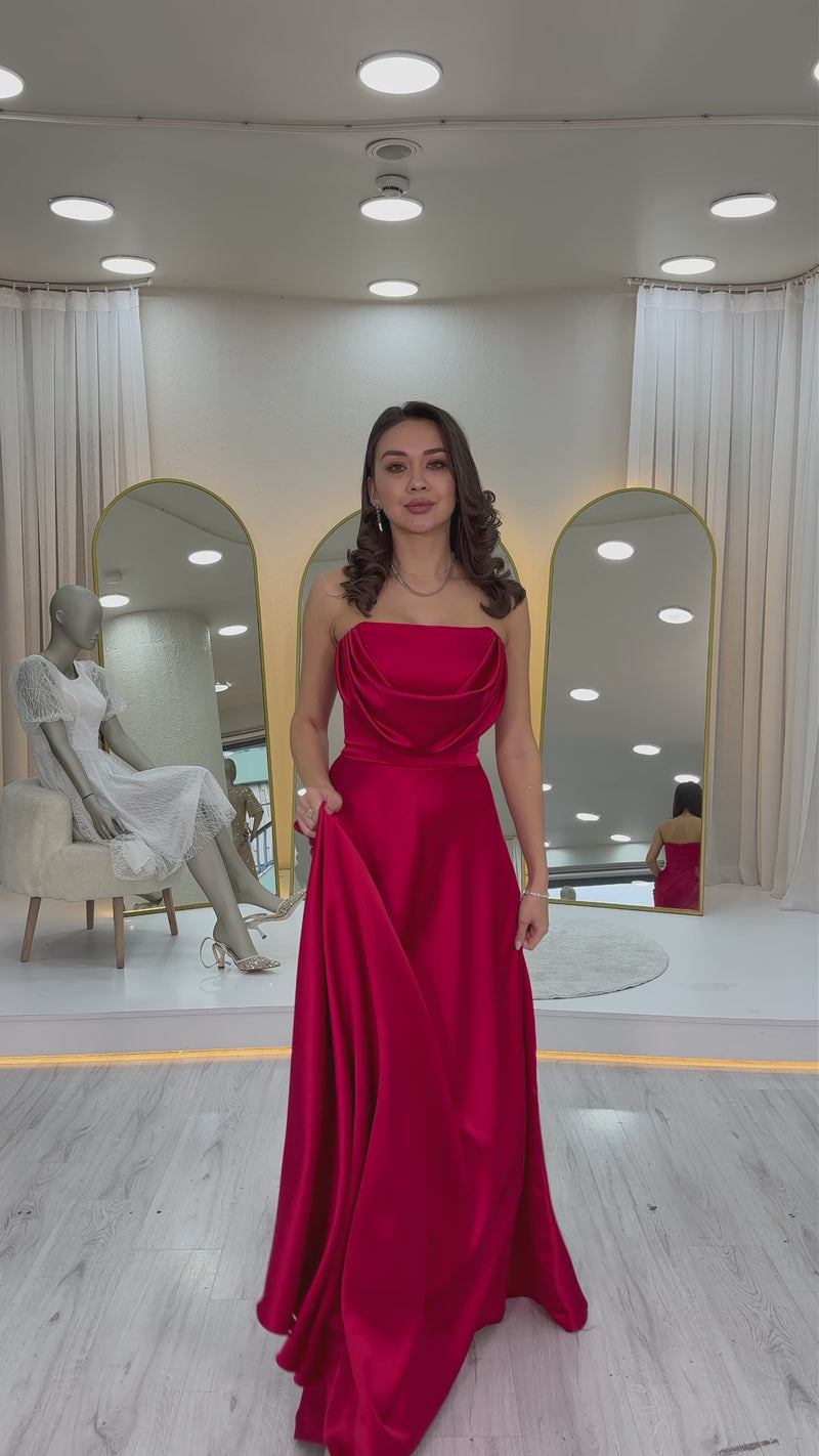 Red Strapless Maxi Evening Dress