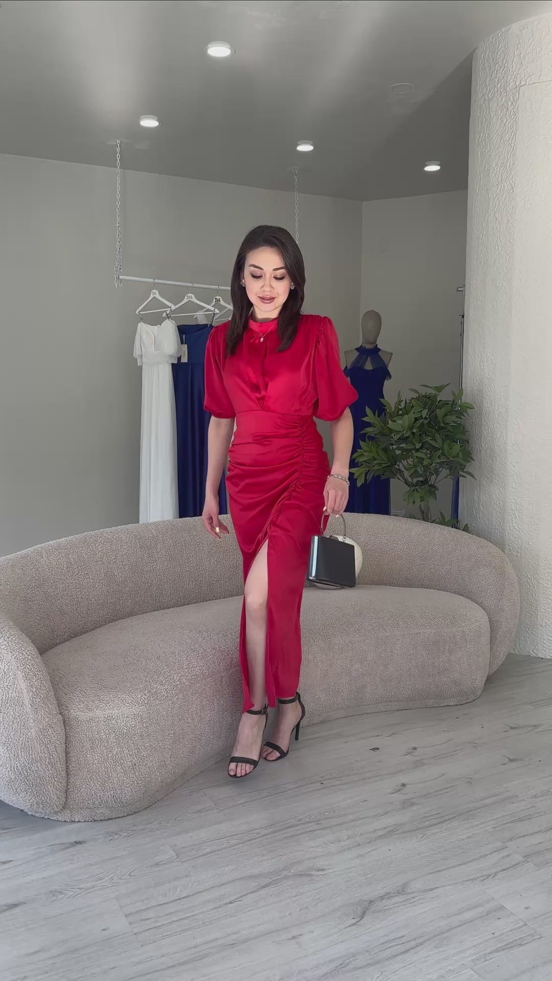 Red Satin Short-Sleeve Evening Dress