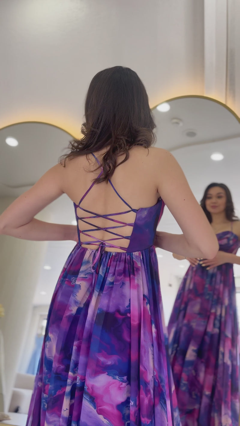 Purple Thin-Strapped Chiffon Maxi Evening Dress