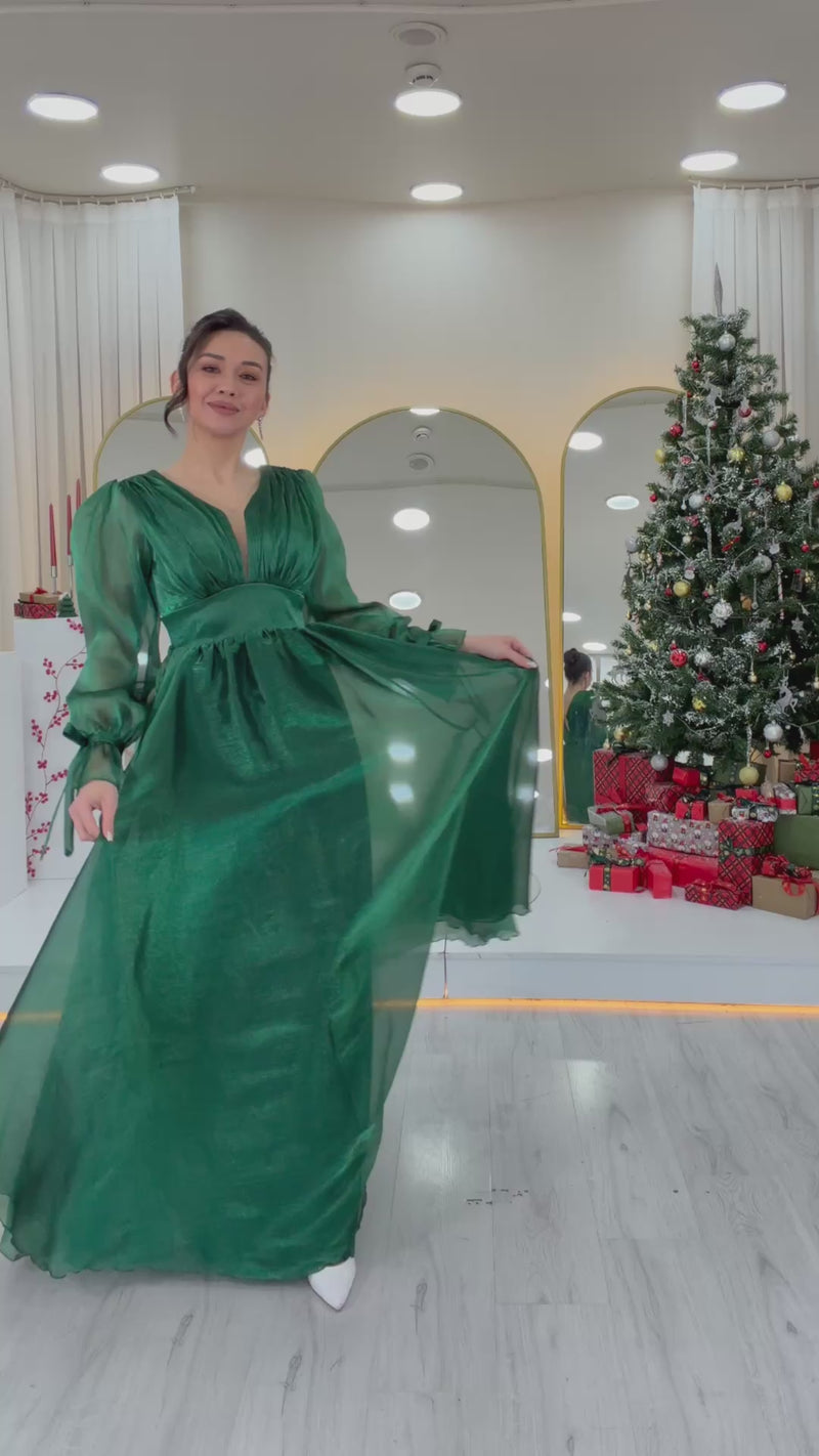 Women's Asymmetric Skirt Emerald Green Karpuz Sleeve Princess V-Neck Evening Gown