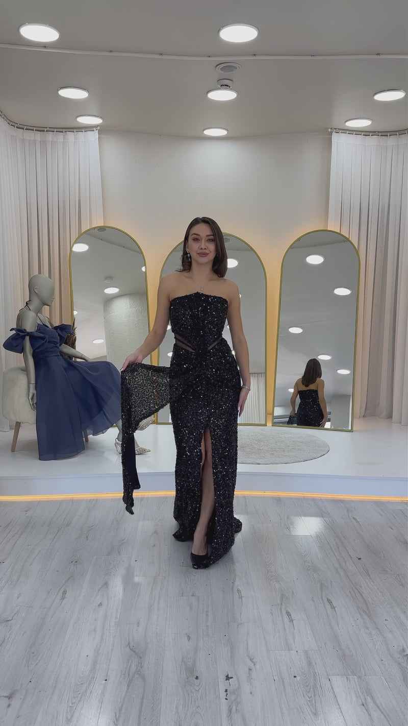 Women's Black Strapless Bel Dekolteli Sequin Evening Gown