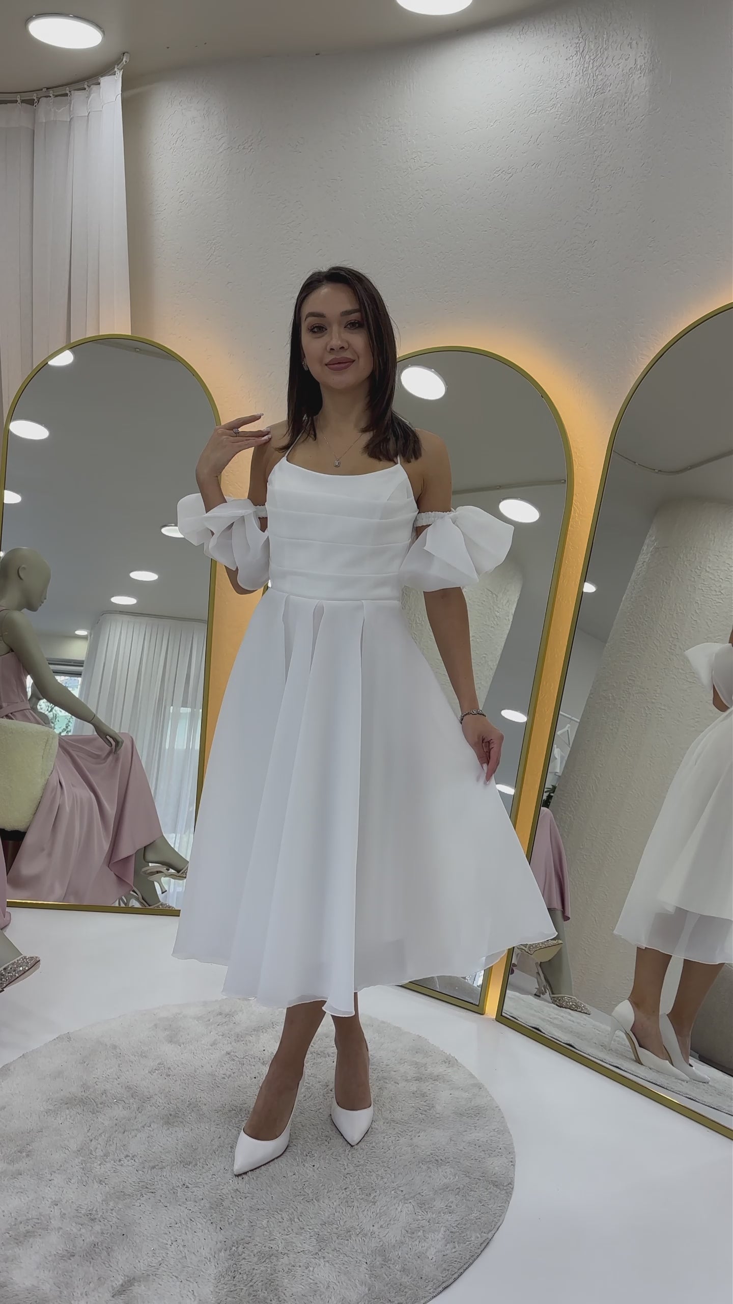 Women's White Drapedd Halter Tie Bow Sleeve Detail Short Evening Gown