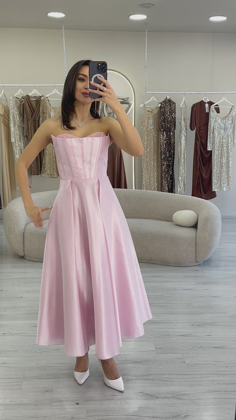 Women's Pink Beaded Strapless Corset Style Midi Princess Evening Gown