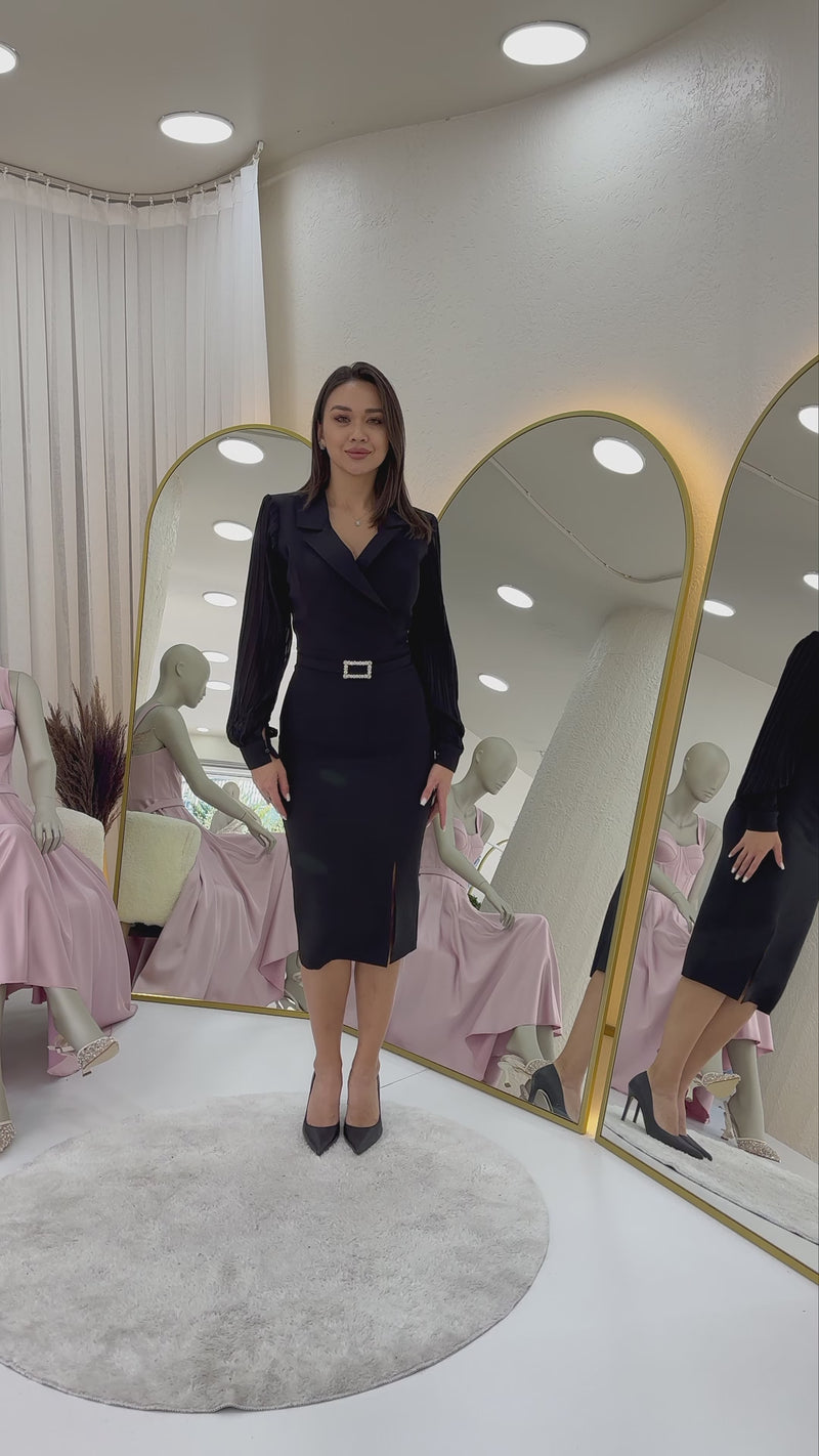 Women's Black Wrap Neck Belted Midi Pencil Dress