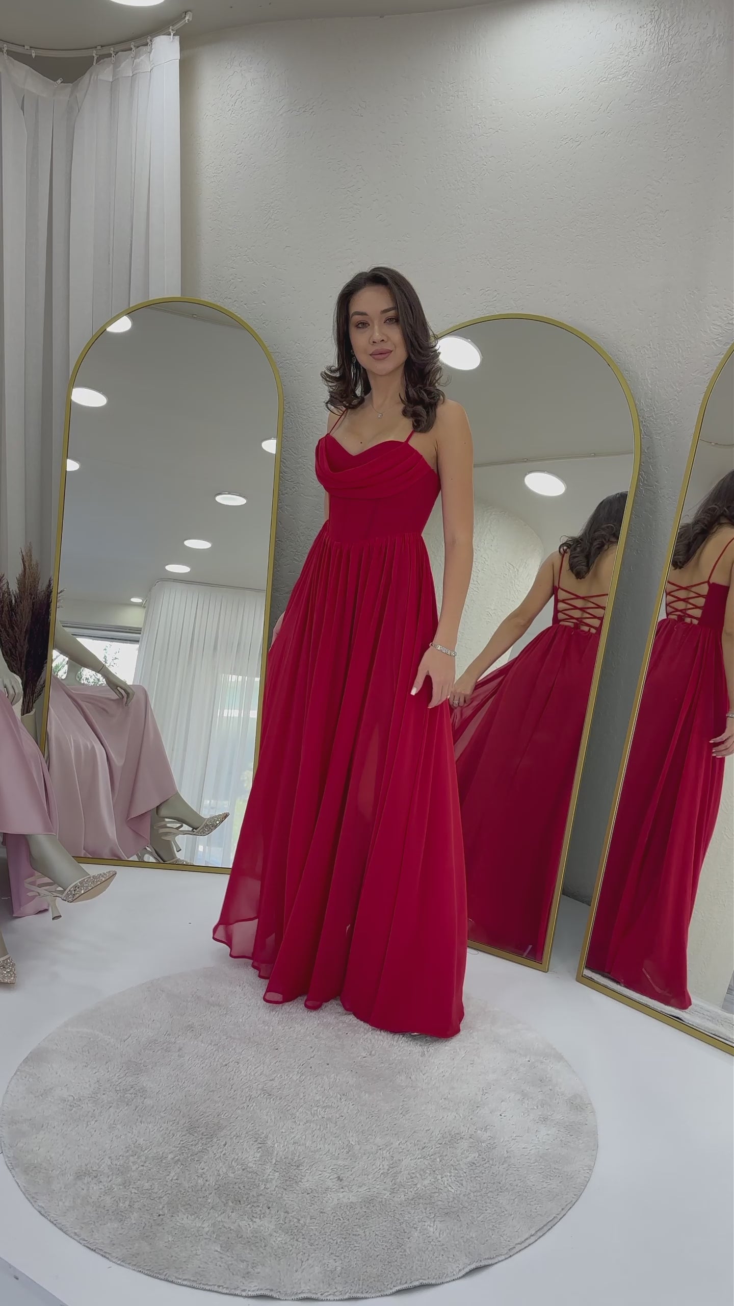 Women's Red Sırt Dekolteli Corset Detail Slit Chiffon Evening Gown