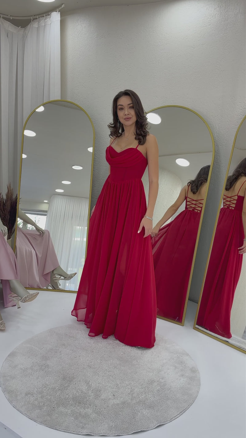 Women's Red Sırt Dekolteli Corset Detail Slit Chiffon Evening Gown