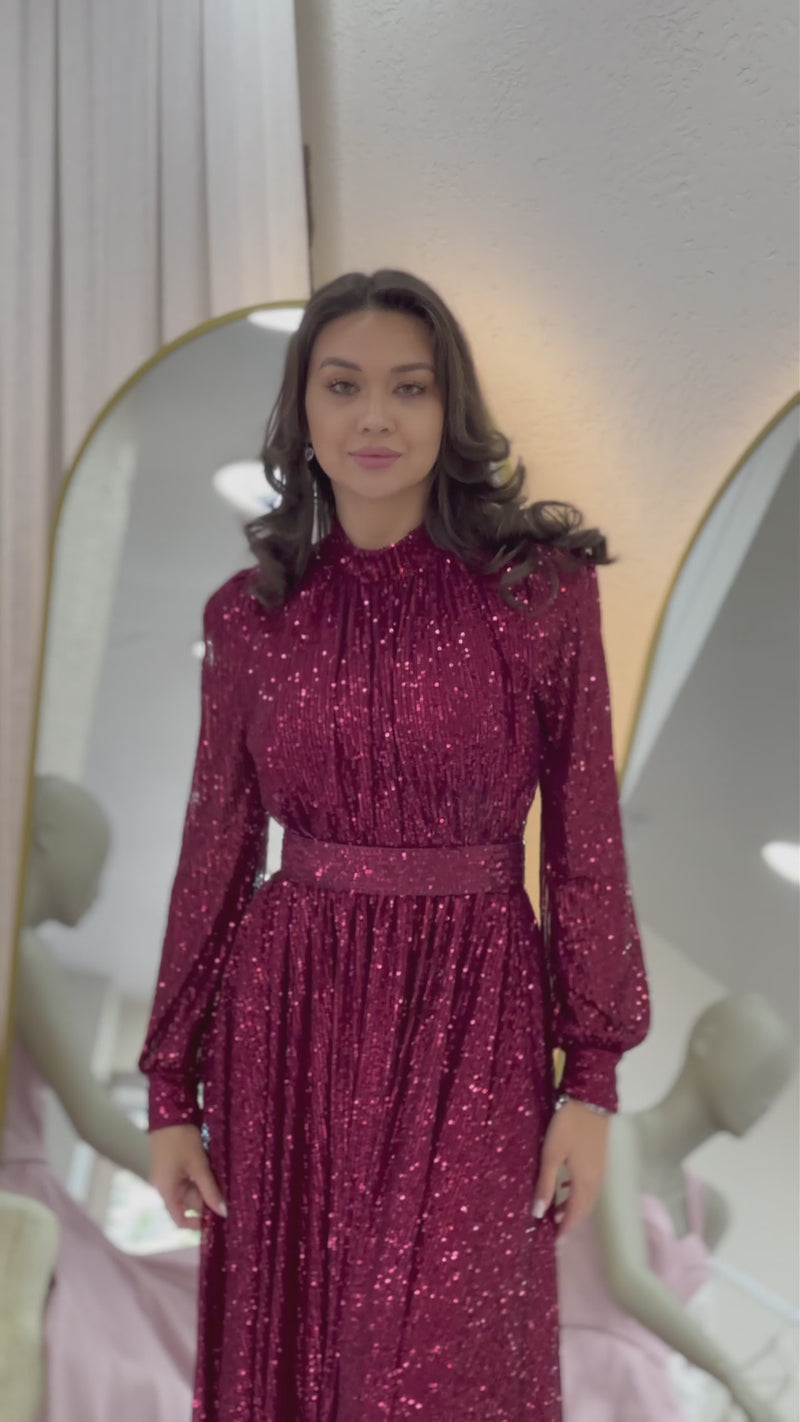 Burgundy Sequined Maxi Evening Dress