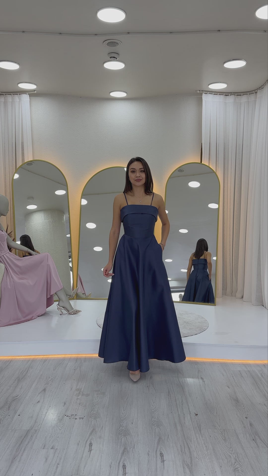 Women's Navy Blue İnce Strap Cep Detaillı Evening Gown