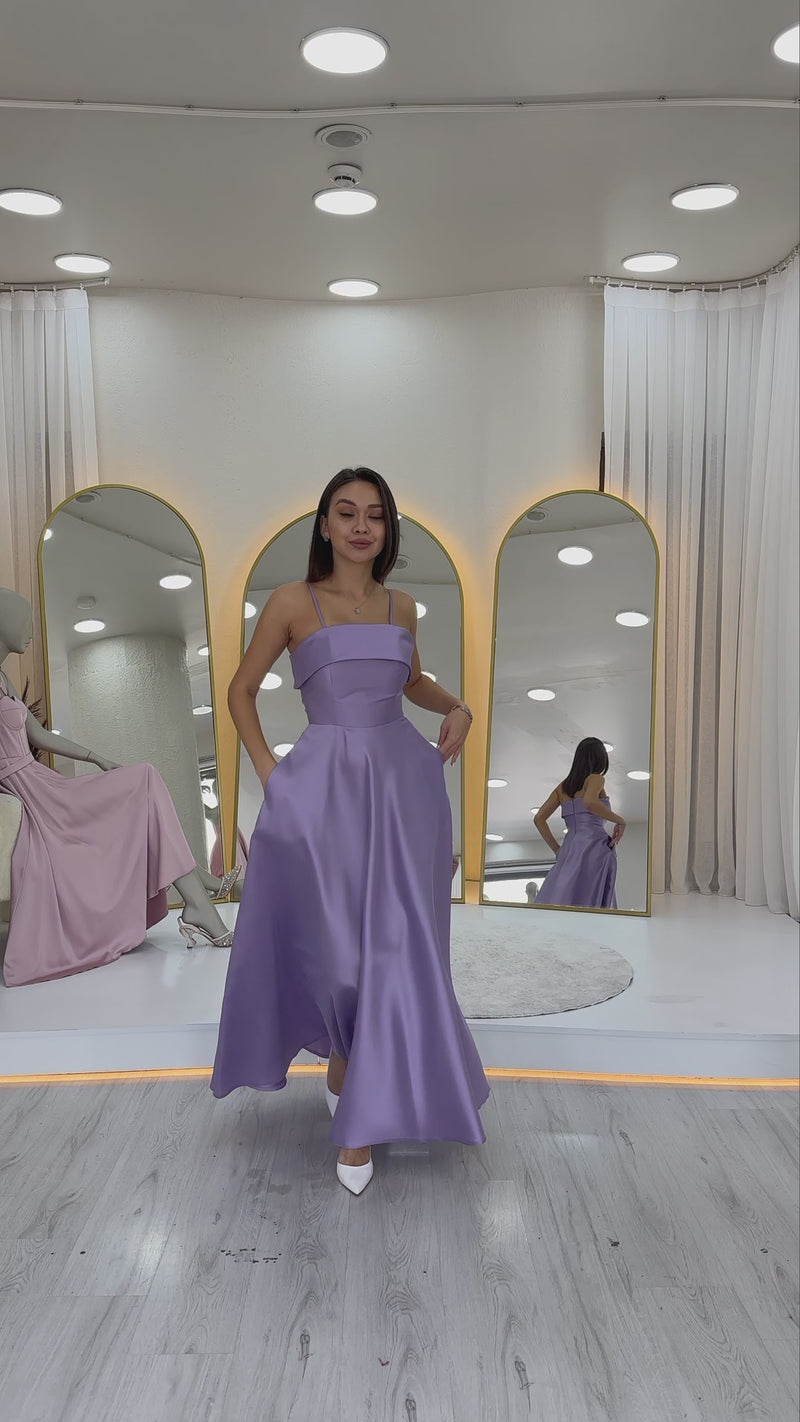 Women's Lilac İnce Strap Cep Detaillı Evening Gown