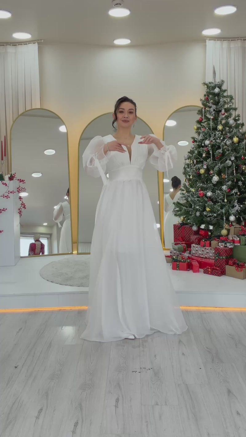 Women's Asymmetric Skirt White Karpuz Sleeve Princess V-Neck Evening Gown