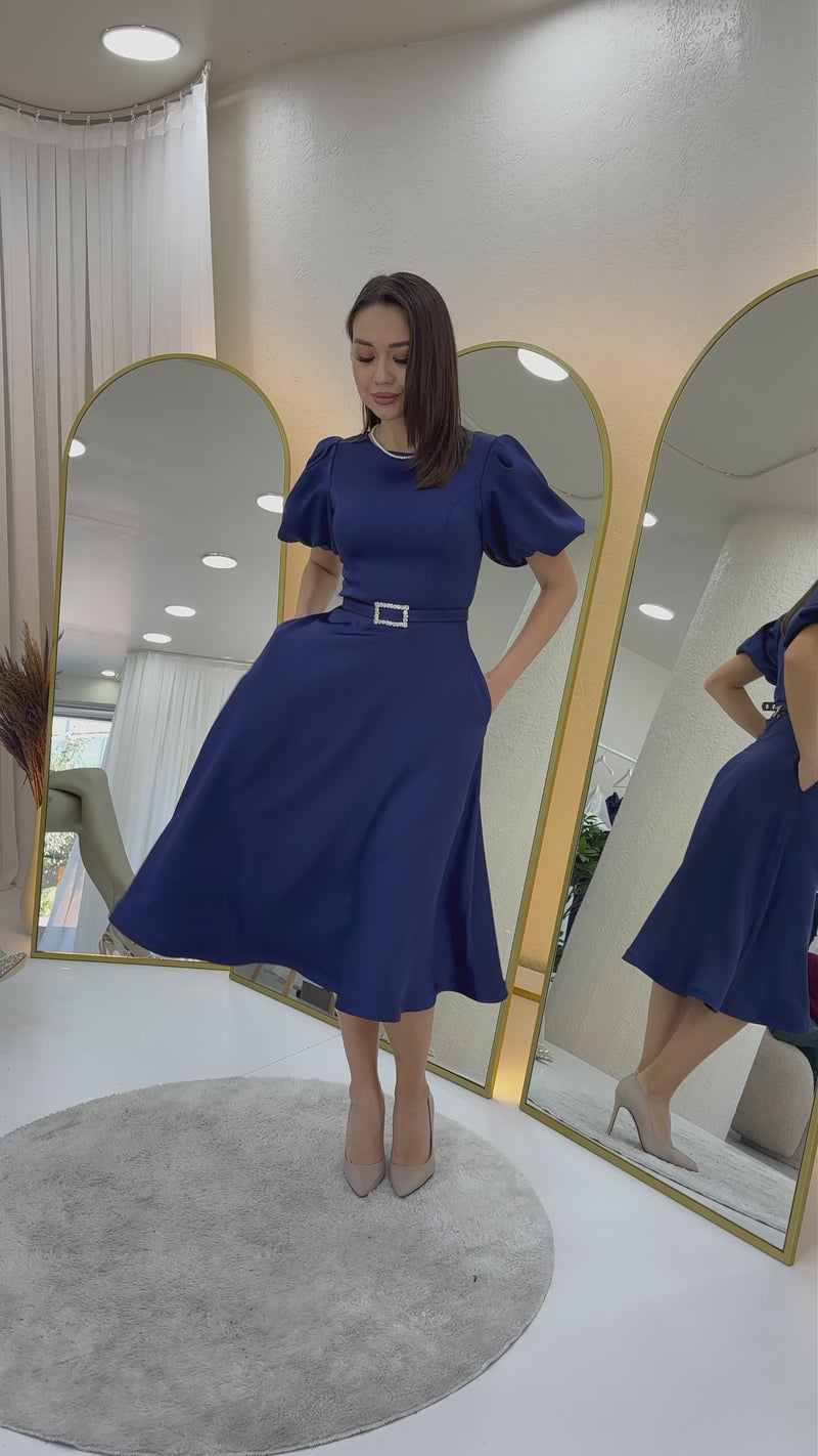 Women's Navy Blue Balloon Sleeve Taş Belted Midi Satin Evening Gown