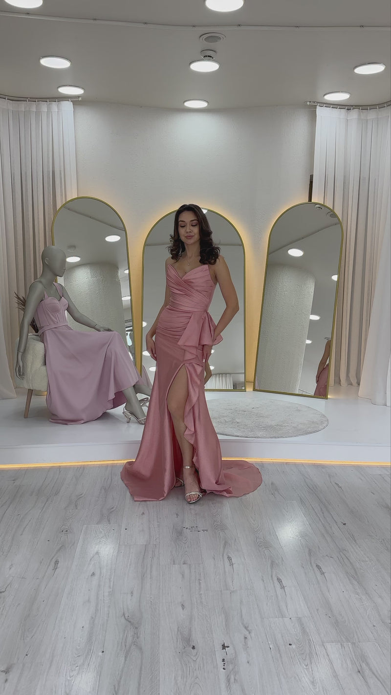 Powder Pink Strapless Slit Evening Dress