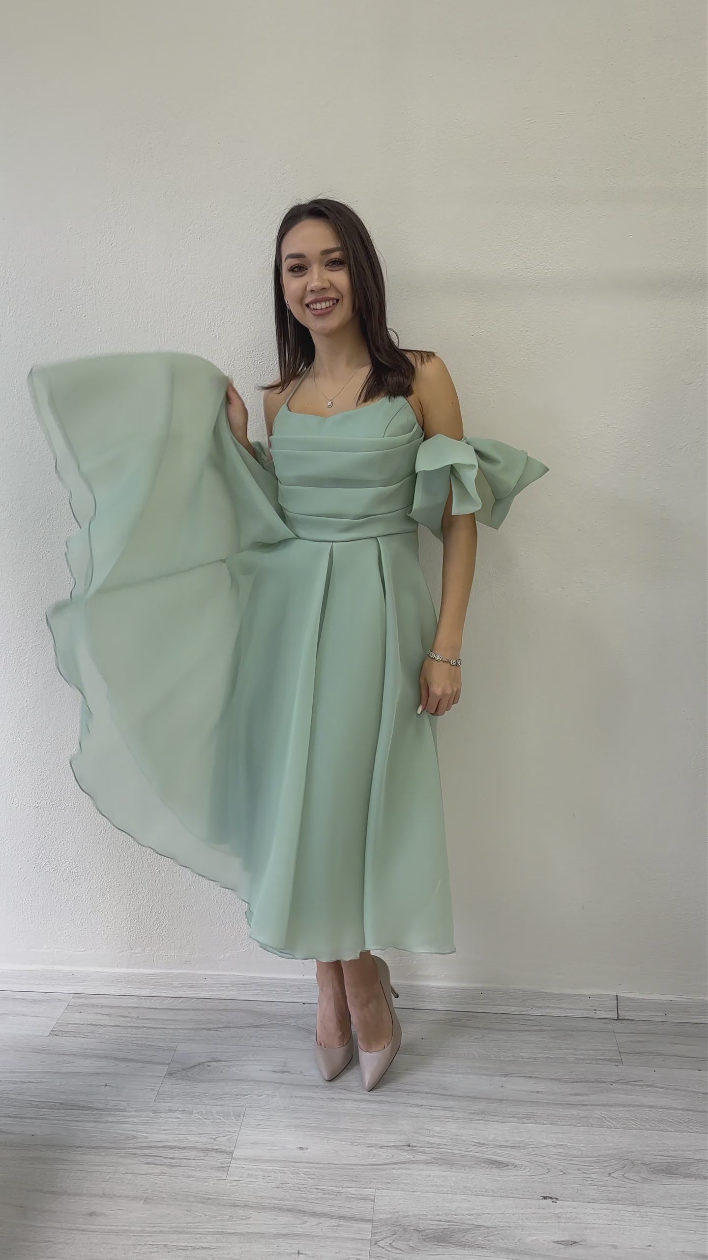 Women's Aqua Green Drapedd Halter Tie Bow Sleeve Detail Short Evening Gown