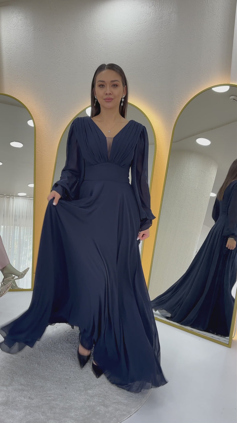 Navy Blue Chiffon Wrap Maxi Evening Dress