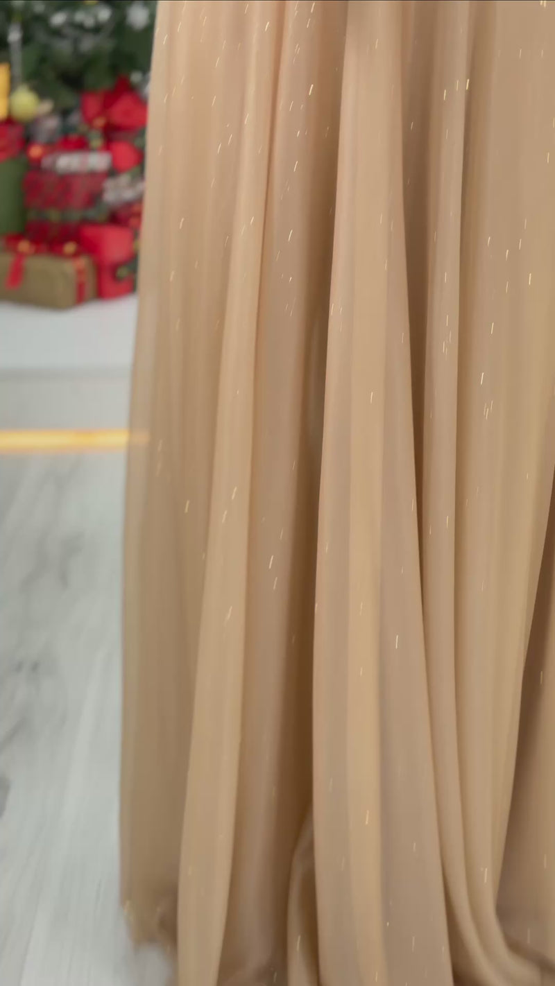 Women's Gold Sleeveless Sheer Detail Evening Gown