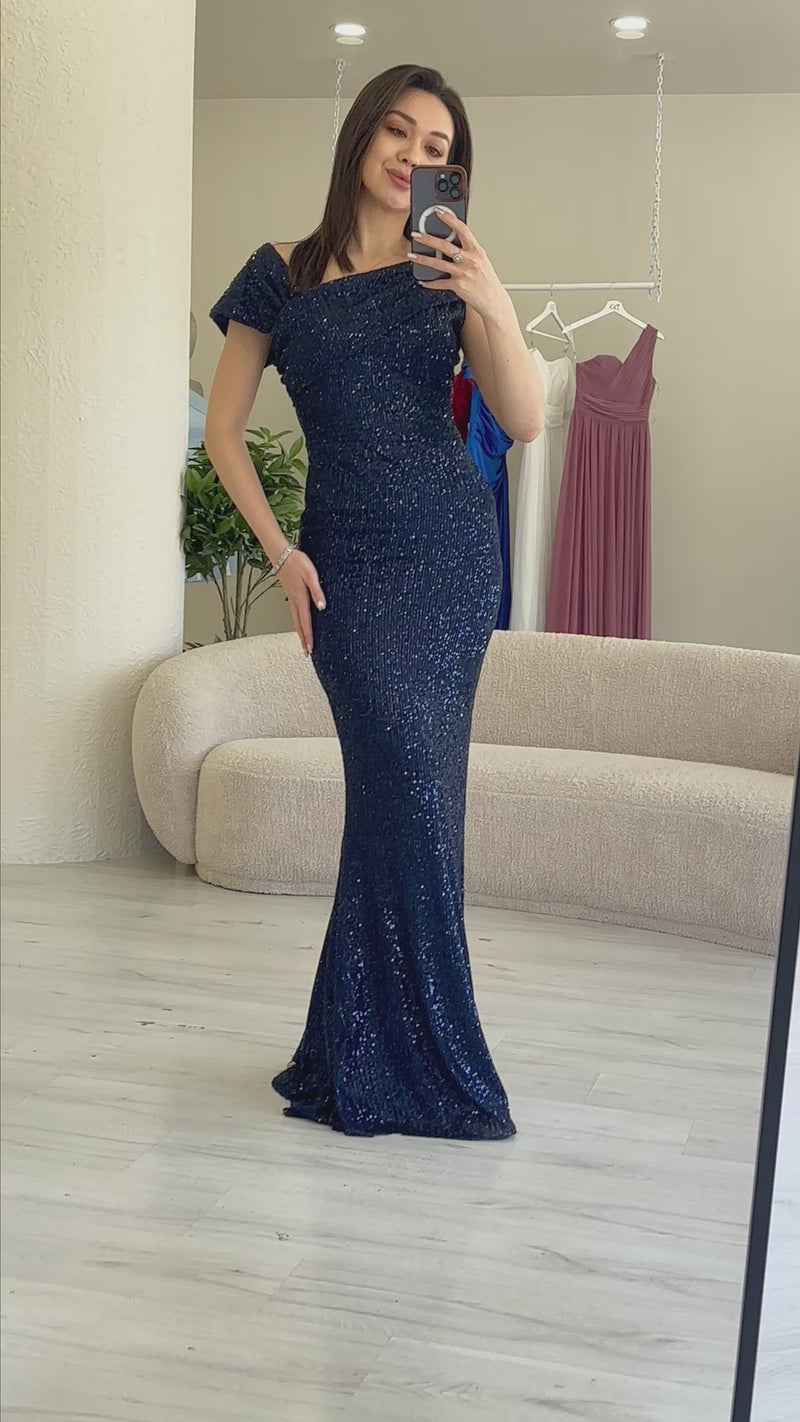 Women's Navy Blue Asymmetric Neck Sequin Plus Size Mermaid Evening Gown