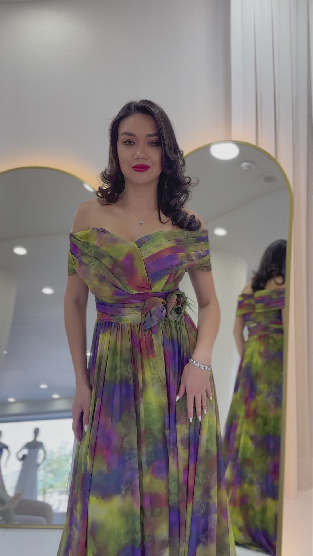 Women's Green Tie-Dyeli Madonna Collar Patterned Tulle Evening Gown