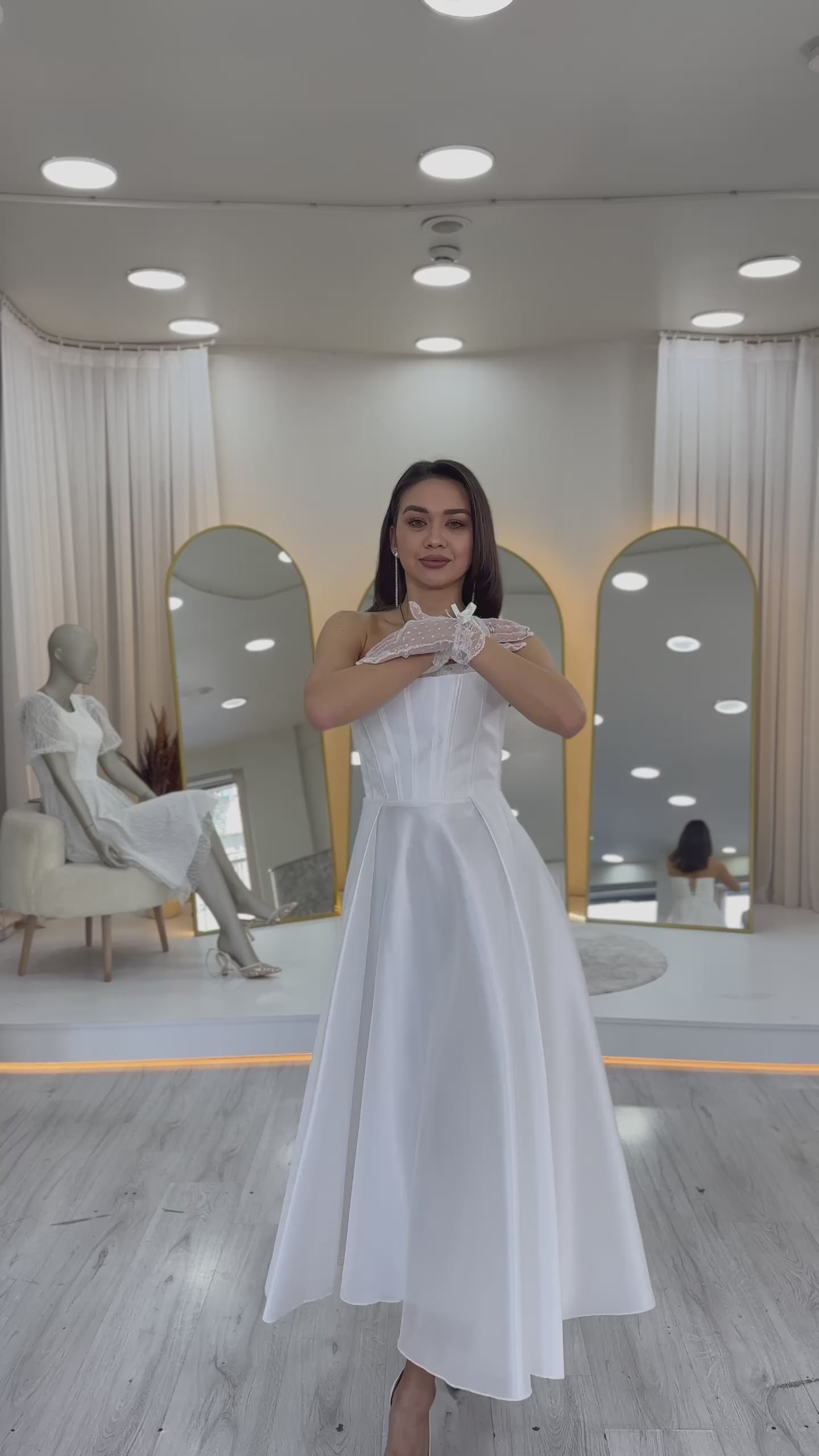 Women's White Beaded Strapless Corset Style Midi Princess Bridal Evening Gown