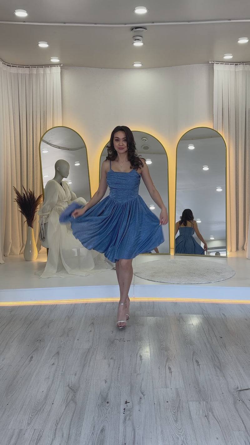 Indigo Strappy Mini Flared Evening Dress