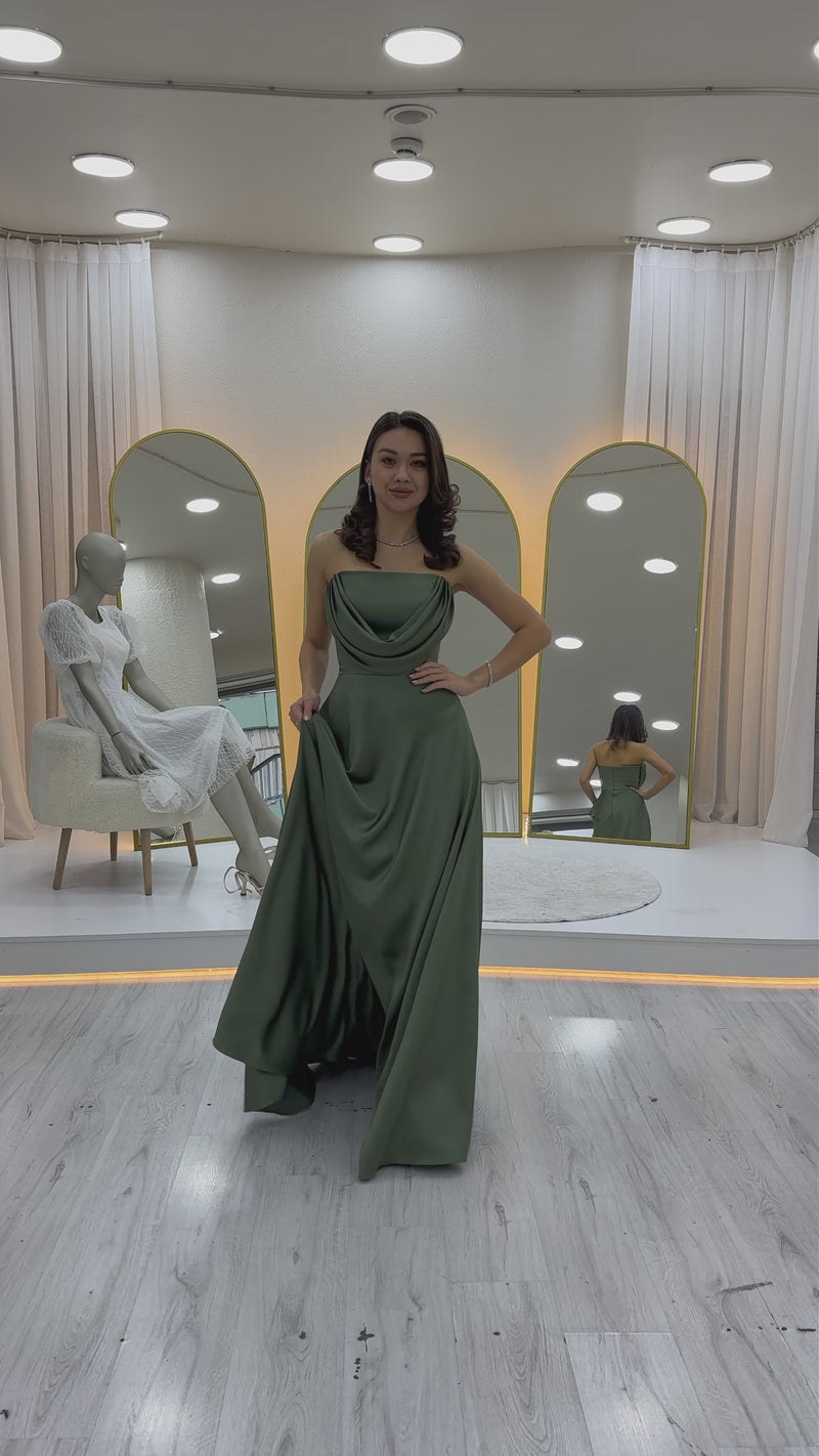 Women's Khaki Strapless Satin Long Evening Gown