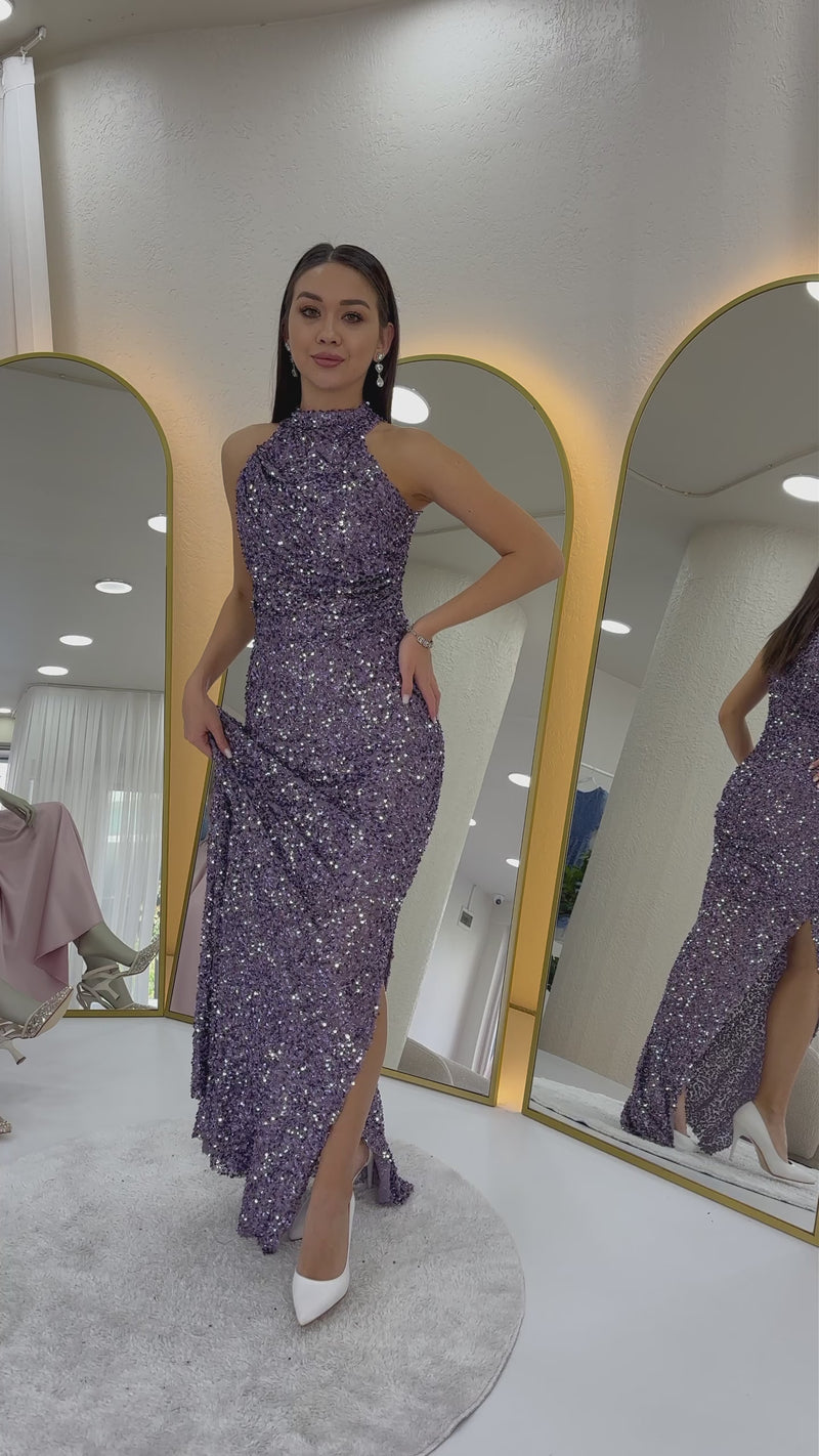 Women's Dark Lilacc Halter Neck Sequin Train Evening Gown