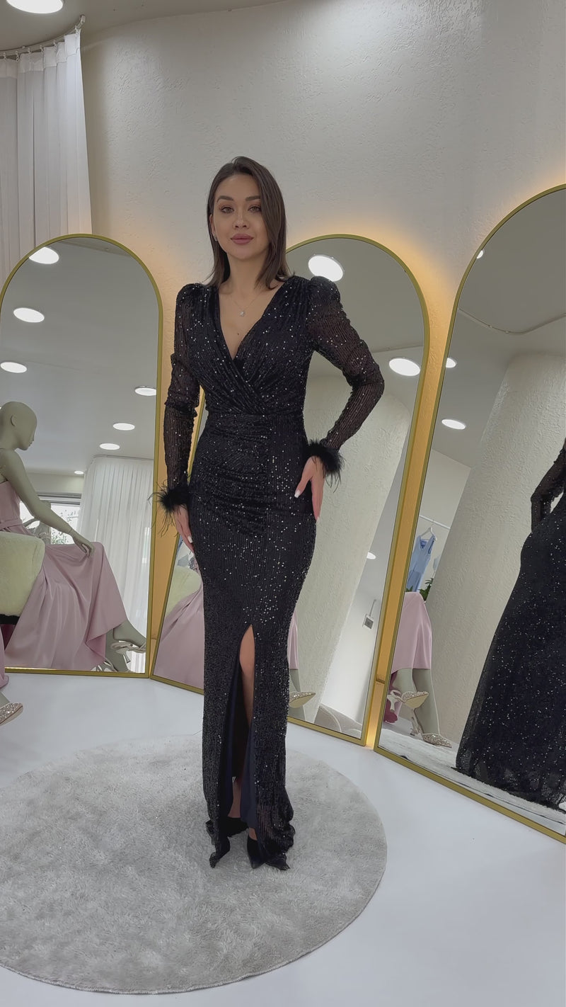 Women's Black Wrap Neck Sequin Long Plus Size Evening Gown