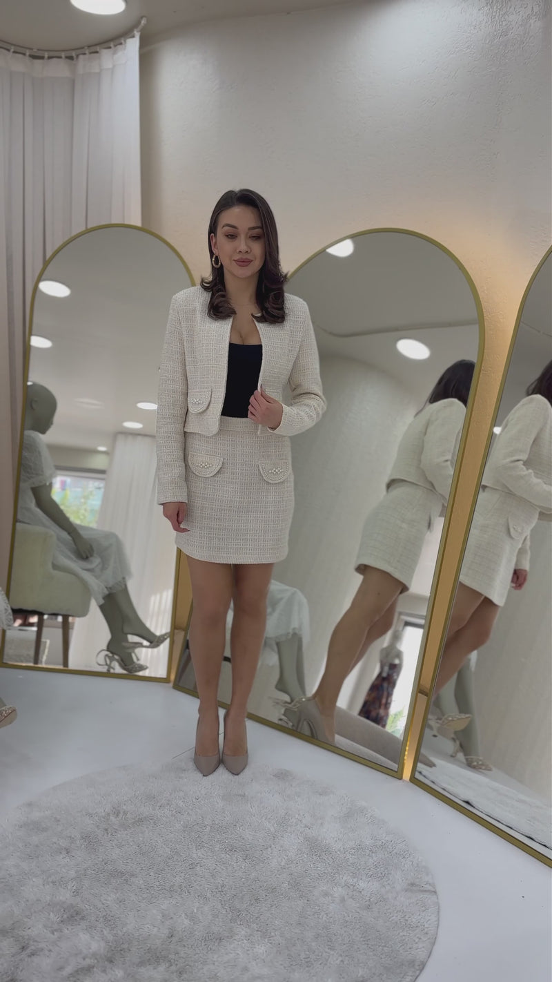 Women's Ecru Pearl Detail Jacket Skirt Two-Piece Set